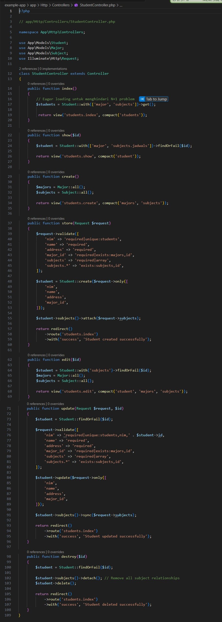 Kode StudentController